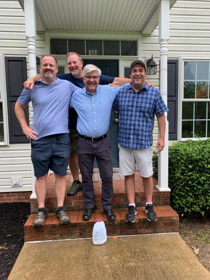 Surprising Dave Eby, BSME ’89, at his home in Maryland! From left to right, Brian Newberg, BA ’89, Brian Keckler, BSEE ’89, (in 