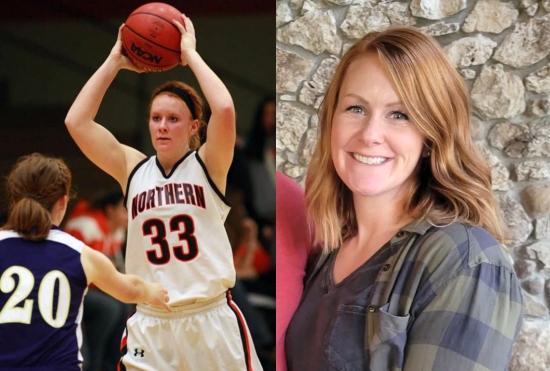Photo of Morgan Bass when she was in basketball for ONU and a recent photo